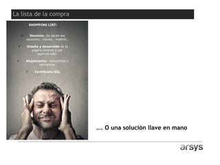 …. O una solución llave en mano
SHOPPING LIST:
 Dominio. Se abren las
opciones: .tienda, .madrid…
 Diseño y desarrollo de la
página interno o por
agencia web.
 Alojamiento: compartido o
servidores
 Certificado SSL
La lista de la compra
 