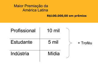 R$100.000,00 em prêmios Maior Premiação da América Latina + Troféu Mídia Indústria 5 mil  Estudante 10 mil Profissional 
