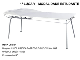 1º LUGAR – MODALIDADE ESTUDANTE MESA OFICIO Designer: LUIZA ALMEIDA BARROSO E QUENTIN VAULOT UNISUL e ENSCI França Florianópolis - SC 