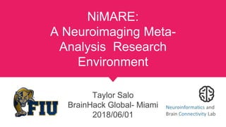 NiMARE:
A Neuroimaging Meta-
Analysis Research
Environment
Taylor Salo
BrainHack Global- Miami
2018/06/01
 