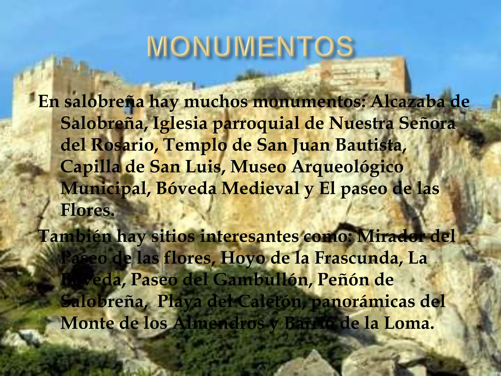 En salobreña hay muchos monumentos: Alcazaba de
Salobreña, Iglesia parroquial de Nuestra Señora
del Rosario, Templo de San Juan Bautista,
Capilla de San Luis, Museo Arqueológico
Municipal, Bóveda Medieval y El paseo de las
Flores.
También hay sitios interesantes como: Mirador del
Paseo de las flores, Hoyo de la Frascunda, La
Bóveda, Paseo del Gambullón, Peñón de
Salobreña, Playa del Caletón, panorámicas del
Monte de los Almendros y Barrio de la Loma.
 