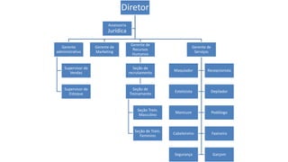 Diretor
Gerente
administrativo
Supervisor de
Vendas
Supervisor de
Estoque
Gerente de
Marketing
Gerente de
Recursos
Humanos
Seção de
recrutamento
Seção de
Treinamento
Seção Trein.
Masculino
Seção de Trein.
Feminino
Gerente de
Serviços
Maquiador Recepcionista
Esteticista Depilador
Manicure Podólogo
Cabeleireiro Faxineira
Segurança Garçom
Assessoria
Jurídica
 
