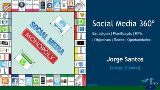 Social Media 360º
      Estratégias | Planificação | KPIs
      | Objectivos | Riscos | Oportunidades




                Jorge Santos
                 [@Jorge_R_Santos]



vi.sualize.us
                                          1
 