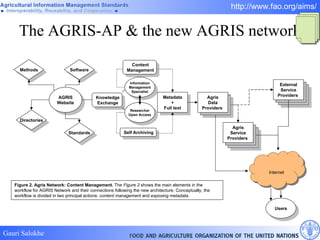 The AGRIS-AP & the new AGRIS network Figure 2.  Agris Network: Content Management .  The  Figure 2  shows the main elements in the workflow for AGRIS Network and their connections following the new architecture. Conceptually, the workflow is divided in two principal actions:  content management  and  exposing metadata .  Information Management Specialist Metadata + Full text Software AGRIS Website Agris Service Providers   Standards Users Researcher Open Access External Service Providers   Agris Data Providers   Content Management Self Archiving Knowledge Exchange Directories Methods Internet 