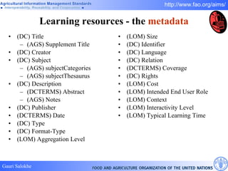 Learning resources - the  metadata (DC) Title (AGS) Supplement Title (DC) Creator (DC) Subject  (AGS) subjectCategories (AGS) subjectThesaurus  (DC) Description (DCTERMS) Abstract (AGS) Notes (DC) Publisher  (DCTERMS) Date (DC) Type (DC) Format-Type (LOM) Aggregation Level (LOM) Size (DC) Identifier (DC) Language (DC) Relation (DCTERMS) Coverage  (DC) Rights (LOM) Cost (LOM) Intended End User Role (LOM) Context (LOM) Interactivity Level (LOM) Typical Learning Time 