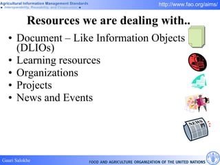 Resources we are dealing with..  Document – Like Information Objects (DLIOs)  Learning resources  Organizations Projects News and Events 