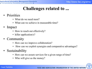 Challenges related to ... Priorities  What do we need most?  What can we achieve in measurable time?  Impact  How to reach out effectively? killer application/s? Community How can we improve collaboration? How can we exploit synergies and comparative advantages? Sustainability How can we assure services for a given range of time? Who will give us the money? 