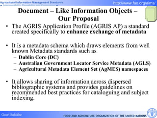 Document – Like Information Objects –  Our Proposal The AGRIS Application Profile (AGRIS AP) a standard created specifically to  enhance exchange of metadata It is a metadata schema which draws elements from well known Metadata standards such as  Dublin Core (DC) Australian Government Locator Service Metadata (AGLS) Agricultural Metadata Element Set (AgMES) namespaces  It allows sharing of information across dispersed bibliographic systems and provides guidelines on recommended best practices for cataloguing and subject indexing.  