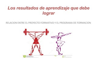 Los resultados de aprendizaje que debe
lograr
RELACION ENTRE EL PROYECTO FORMATIVO Y EL PROGRAMA DE FORMACION
 