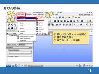 11
形状の作成
① 寸法を入力
Dx = 100 (L)
Dy = 20 (b)
Dz = 10 (h)
② 適用してウイン
ドウを閉じる
 