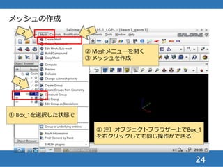 24
メッシュの作成
① 条件を割当てる
② 自動六面体
分割を選択
 