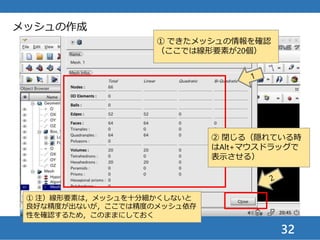 32
① 虫めがねマーク（Fit
all）をクリックして画
面全体に合わせる
② メッシュの状態
を確認
メッシュの作成
② 注）このメッシュは不十分に見えるが，精度の
メッシュ依存性を確認するためあえて粗くしている
 