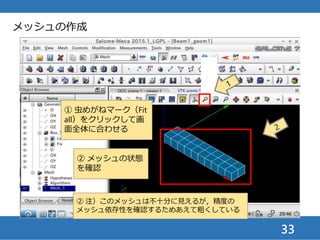33
メッシュへの形状グループ割当て
① 「+」マークをクリック
してBox_1を開き，Loadと
Fixを表示させる
③ 形状からグループを作成
② Mesh_1を右クリック
 