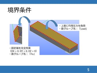 予習（はりの弾性理論解）
5
断面二次モーメント, I
3
1667
12
bh
I   mm4
自由端たわみ, dmax
4 4
2
max
1 100
3.75 10
8 8 1667 200000
wL
EI
d 
   
 
mm
最大曲げ応力, smax
2 2 2
max 3 2 2
12 3 3 1 100
15
2 2 2 20 10
M h wL h wL
I bh bh
s
 
    

MPa
※）これらはBernoulli-Euler Beamの仮定に基づいており，十分に細長いはりが，
はりの軸方向（X方向）応力のみによって変形する場合に対する解で，多軸応力状
態となるソリッド要素解析と完全には一致しないが，良い目安にはなる
 