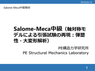 Salome-Meca中級教材
Salome-Meca中級（軸対称モ
デルによる引張試験の再現：弾塑
性・大変形解析）
1
2016.03.13
PE構造力学研究所
PE Structural Mechanics Laboratory
 