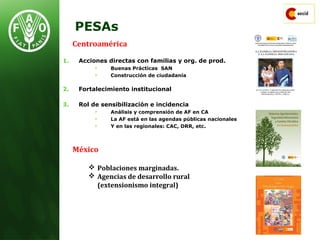 PESAs
Centroamérica
México
 Poblaciones marginadas.
 Agencias de desarrollo rural
(extensionismo integral)
1. Acciones directas con familias y org. de prod.
 Buenas Prácticas SAN
 Construcción de ciudadanía
2. Fortalecimiento institucional
3. Rol de sensibilización e incidencia
 Análisis y comprensión de AF en CA
 La AF está en las agendas públicas nacionales
 Y en las regionales: CAC, DRR, etc.
 