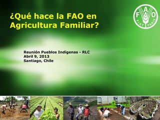 ¿Qué hace la FAO en
Agricultura Familiar?


   Reunión Pueblos Indígenas - RLC
   Abril 9, 2013
   Santiago, Chile
 