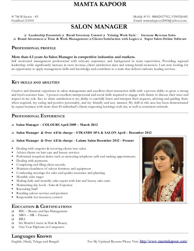 Manager Beauty Salon Resume April 2021