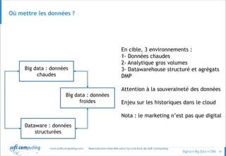 © 58
Où mettre les données ?
En cible, 3 environnements :
1- Données chaudes
2- Analytique gros volumes
3- Datawarehouse structuré et agrégats
DMP
Attention à la souveraineté des données
Enjeu sur les historiques dans le cloud
Nota : le marketing n’est pas que digital
Big data : données
chaudes
Big data : données
froides
Dataware : données
structurées
 