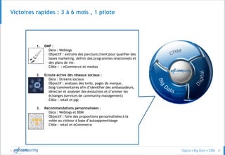 © 65
Victoires rapides : 3 à 6 mois , 1 pilote
1. DMP :
Data : Weblogs
Objectif : extraire des parcours client pour qualifier des
bases marketing, définir des programmes relationnels et
des plans de vie.
Cible : : eCommerce et medias
2. Ecoute active des réseaux sociaux :
Data : Streams sociaux
Objectif : analyses des twits, pages de marque,
blog/commentaires afin d’identifier des ambassadeurs,
détecter et analyser des évolutions et d’animer les
échanges (services de community management)
Cible : retail et pgc
3. Recommandations personnalisées :
Data : Weblogs et BDM
Objectif : faire des propositions personnalisées à la
volée au visiteur à base d’autoapprentissage
Cible : retail et eCommerce
 