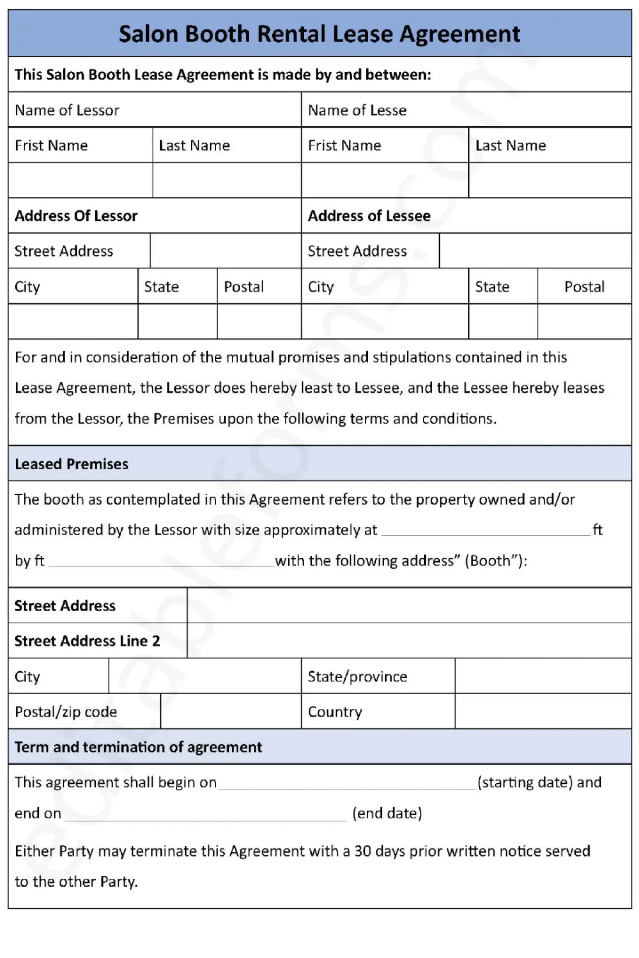 Salon Booth Rental Lease Agreement Fillable PDF Template | PDF