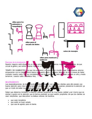 Razones de la localización: 
Nuestro negocio está situado en un punto estratégico donde tenemos mayores posibilidades de que 
circule la gente y así entren buenos ingresos a nuestro negocio. 
TIEMPO DE SUMINISTRO: ya que nos aprobaron el préstamo en mundo mujer más nuestros ahorros 
empezamos con la materia prima básica de nuestro salón de belleza después de los 6 meses de haber 
montado nuestro salón fuimos completando mes tras mes que al cabo de haber pasado un año y medio 
teníamos nuestro salón de belleza listo. 
MEJORAMIENTO 
Las especializaciones de todas nosotras, saber socializar con nuestros clientes para ello prestar una 
buena atención para más mejoramiento el diálogo entre los clientes y quienes prestamos la atención ya 
que un modo de saber sus inquietudes acerca de nuestra mano de obra. 
Saber que debemos brindarle a nuestros clientes productos de muy buena calidad y así mismo que se 
sientan a gusto con la atención que le hemos prestado ya que nuestro propósitos de que los clientes se 
vean relucientes, que descubran su belleza atreves de nosotros. 
 que sean duraderos 
 que estén en buen estado 
 que sea de agrado para el cliente. 
 