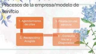 Procesos de la empresa/modelo de
servicio
1. Agendamiento
de citas
2, Recepción y
Acogida
2. . Consulta
Inicial y
Diagnóstico
3. Prestación del
servicio
 