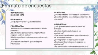 Formato de encuestas
DEMOGRAFICA:
RANGO DE EDAD
GEOGRAFICA:
¿En que parroquia de Quevedo reside?
PSICOGRAFICA:
¿Qué tan importante es para usted el cuidado
personal?
¿Qué factores considera más importantes a
elegir un salón de belleza?
¿Qué promociones o descuentos resultan más
atractivos?
¿Cuáles son los medios que utiliza para
informarse?
CONDUCTUAL:
¿Con que frecuencia visita un salón de
belleza?
¿Cuál es el salón de belleza de su
preferencia?
¿Qué servicios utiliza con mayor frecuencia
en el salón de belleza?
¿Cómo prefiere realizar sus reservas?
¿Cuáles son los métodos de pago de su
preferencia?
¿En que horarios prefiere reservar una cita?
BENEFICIOS:
¿Cuánto usted ha cancelado en una keratina?
¿Cuánto usted ha cancelado por el servicio de
manicura?
 