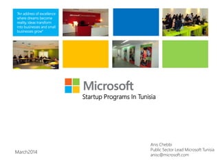 “An address of excellence
where dreams become
reality, ideas transform
into businesses and small
businesses grow”

Startup Programs In Tunisia

March2014

Anis Chebbi
Public Sector Lead Microsoft Tunisia
anisc@microsoft.com

 