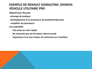 Exemple de Renault consulting- division véhicule utilitaire proObjectif pour Renault:- échange de pratique- développement d’un processus de questions/réponses  - simplifier les processusLes impératifs:Une prise en main rapide