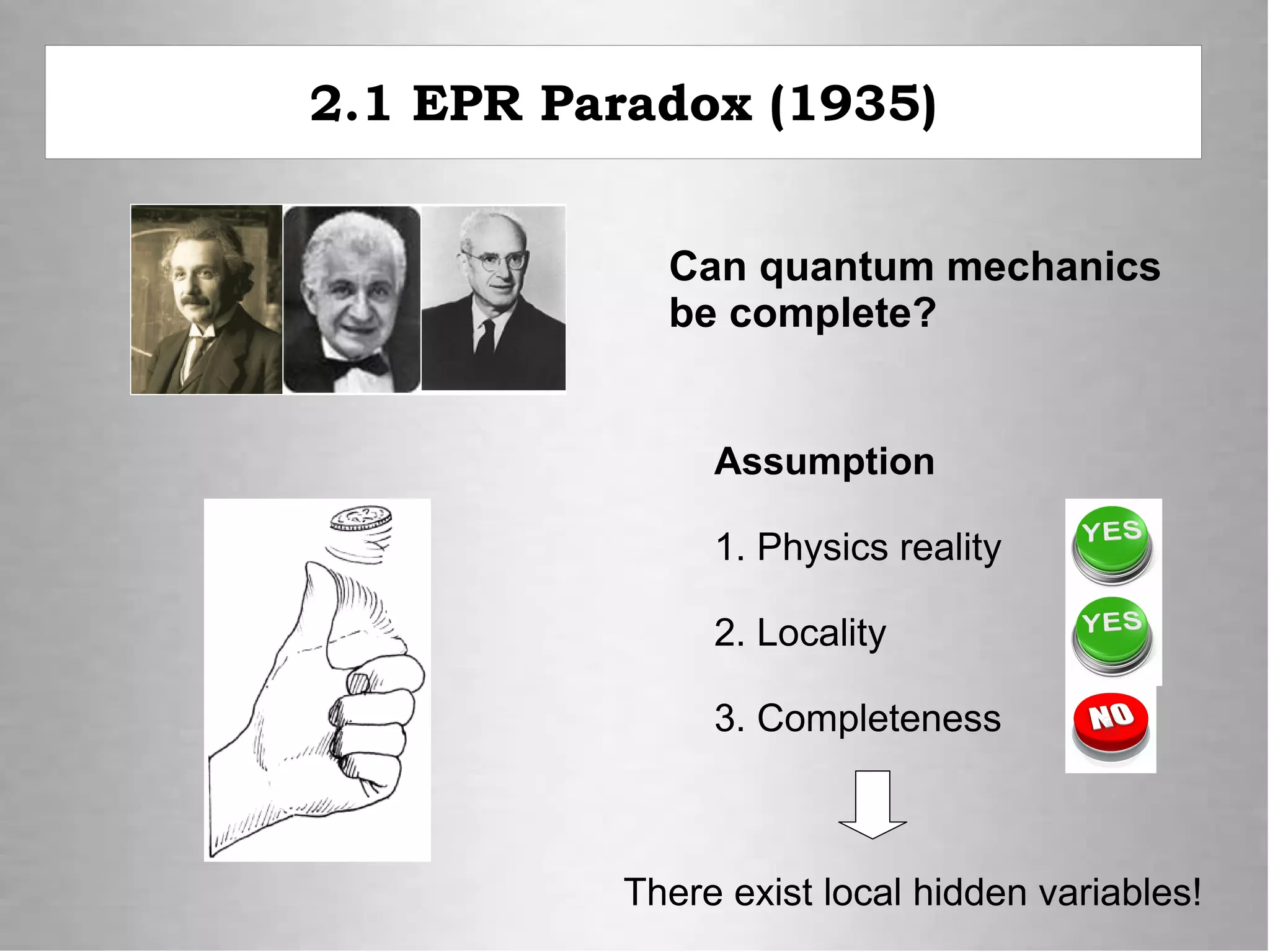 2.1 EPR Paradox (1935)
Can quantum mechanics
be complete?
Assumption
1. Physics reality
2. Locality
3. Completeness
There exist local hidden variables!
 