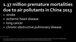 Liu, J., Han,Y.,Tang, X., Zhu, J., & Zhu,T. (2016). Estimating adult mortality attributable to PM2.5 exposure in China with assimilated PM2.5
concentrations based on a ground monitoring network. Science ofTheTotal Environment, 568, 1253–1262
_____________
1.37 million premature mortalities
due to air pollutants in China 2013
> stroke
> ischemic heart disease
> lung cancer
> chronic obstructive pulmonary disease
 