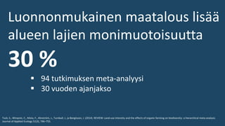 Luonnonmukainen maatalous lisää
alueen lajien monimuotoisuutta
30 %
▪ 94 tutkimuksen meta-analyysi
▪ 30 vuoden ajanjakso
Tuck, S., Winqvist, C., Mota, F., Ahnström, J., Turnbull, L. ja Bengtsson, J. (2014). REVIEW: Land-use intensity and the effects of organic farming on biodiversity: a hierarchical meta-analysis.
Journal of Applied Ecology 51(3), 746–755.
 