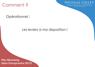 Comment ?
Opérationnel :

Les leviers à ma disposition !

Plan Marketing
Salon Entreprendre 2013

 