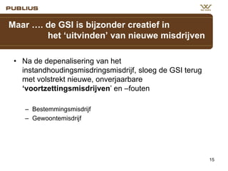 Maar …. de GSI is bijzonder creatief in
het ‘uitvinden’ van nieuwe misdrijven
• Na de depenalisering van het
instandhoudingsmisdringsmisdrijf, sloeg de GSI terug
met volstrekt nieuwe, onverjaarbare
‘voortzettingsmisdrijven’ en –fouten
– Bestemmingsmisdrijf
– Gewoontemisdrijf

15

 