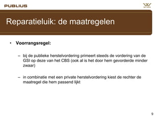 Reparatieluik: de maatregelen
• Voorrangsregel:
– bij de publieke herstelvordering primeert steeds de vordering van de
GSI op deze van het CBS (ook al is het door hem gevorderde minder
zwaar)
– in combinatie met een private herstelvordering kiest de rechter de
maatregel die hem passend lijkt

9

 