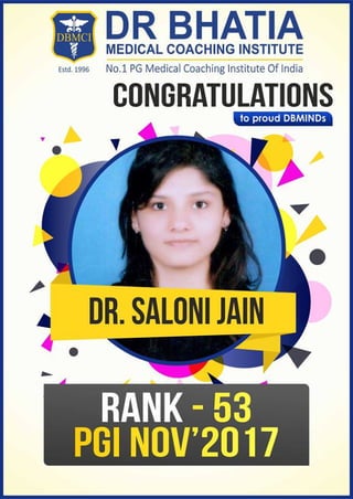 Dr Saloni Jain, RANK – 53 IN PGI NOV 2017 DBMCI