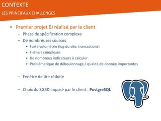 CONTEXTE
LES PRINCIPAUX CHALLENGES
• Premier projet BI réalisé par le client
– Phase de spécification complexe
– De nombreuses sources
• Forte volumétrie (log du site, transactions)
• Fichiers complexes
• De nombreux indicateurs à calculer
• Problématique de déboulonnage / qualité de donnée importantes
– Fenêtre de tire réduite
– Choix du SGBD imposé par le client : PostgreSQL
 