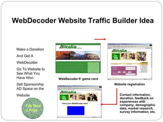 Make a Donation  And Get A  WebDecoder Go To Website to See What You Have Won Sell Sponsorship AD Space on the  Website Contact information, donation, feedback on experiences with company, demographic  data, market research, survey information, etc. Website registration WebDecoder ®  game card WebDecoder Website Traffic Builder Idea Place your WebDecoder here! 