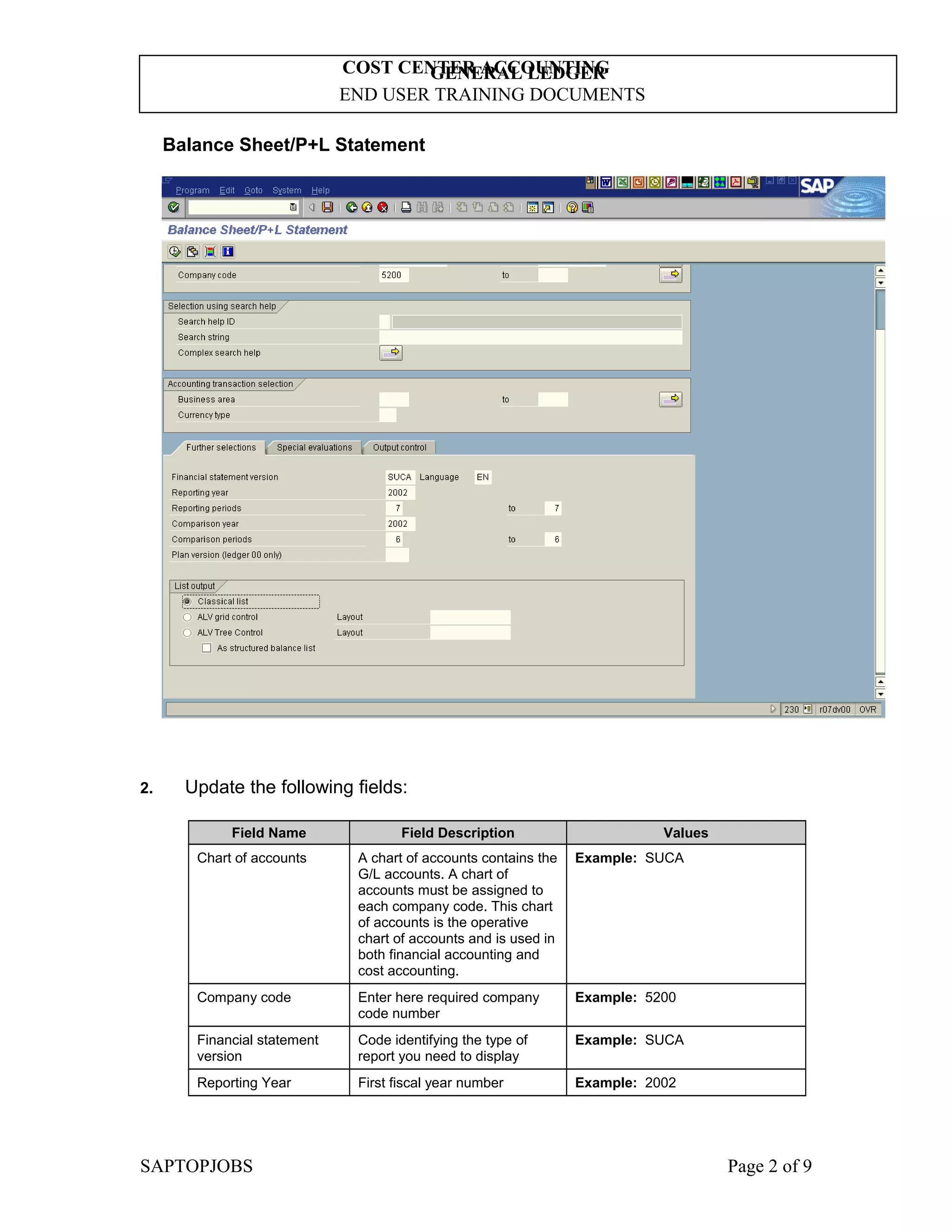 COST CENTER ACCOUNTING
GENERAL LEDGER
END USER TRAINING DOCUMENTS
Balance Sheet/P+L Statement

2.

Update the following fields:
Field Name

Field Description

Values

Chart of accounts

A chart of accounts contains the
G/L accounts. A chart of
accounts must be assigned to
each company code. This chart
of accounts is the operative
chart of accounts and is used in
both financial accounting and
cost accounting.

Example: SUCA

Company code

Enter here required company
code number

Example: 5200

Financial statement
version

Code identifying the type of
report you need to display

Example: SUCA

Reporting Year

First fiscal year number

Example: 2002

SAPTOPJOBS

Page 2 of 9

 