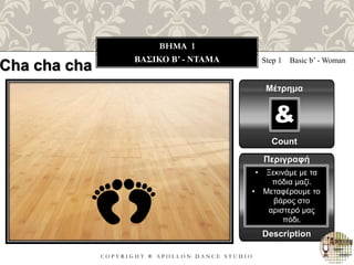 C O P Y R I G H T ® A P O L L O N D A N C E S T U D I O
BHMA 1
ΒΑΣΙΚΟ B’ - ΝΤΑΜΑ Step 1 Basic b’ - Woman
Μέτρημα
Count
&
Περιγραφή
Description
• Ξεκινάμε με τα
πόδια μαζί.
• Μεταφέρουμε το
βάρος στο
αριστερό μας
πόδι.
Cha cha cha
 