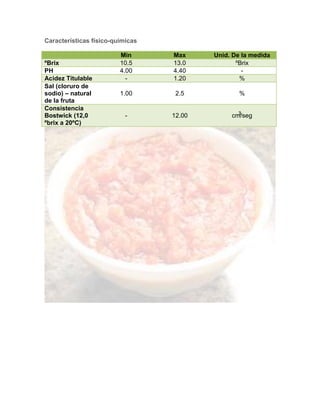Características físico-químicas
Min Max Unid. De la medida
ºBrix 10.5 13.0 ºBrix
PH 4.00 4.40 -
Acidez Titulable - 1.20 %
Sal (cloruro de
sodio) – natural
de la fruta
1.00 2.5 %
Consistencia
Bostwick (12,0
ºbrix a 20ºC)
- 12.00 cm/seg3
3
 