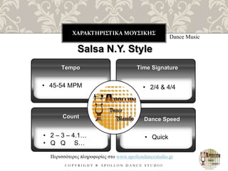 ΧΑΡΑΚΤΗΡΙΣΤΙΚΑ ΜΟΥΣΙΚΗΣ
C O P Y R I G H T ® A P O L L O N D A N C E S T U D I O
Dance Music
Salsa N.Y. Style
Tempo
Count
Time Signature
Dance Speed
Περισσότερες πληροφορίες στο www.apollondancestudio.gr
• Quick
• 45-54 MPM • 2/4 & 4/4
• 2 – 3 – 4.1…
• Q Q S…
 