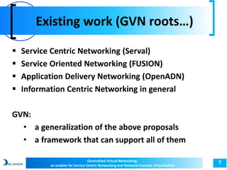 Existing work (GVN roots…) 
7 
 Service Centric Networking (Serval) 
 Service Oriented Networking (FUSION) 
 Application Delivery Networking (OpenADN) 
 Information Centric Networking in general 
GVN: 
• a generalization of the above proposals 
• a framework that can support all of them 
Generalized Virtual Networking: 
an enabler for Service Centric Networking and Network Function Virtualization 
 