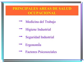 PRINCIPALES AREAS DE SALUD OCUPACIONAL Medicina del Trabajo Higiene Industrial Seguridad Industrial Ergonomía Factores Psicosociales
