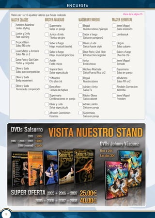 e n c u e s ta

     Valora de 1 a 10 aquellos talleres que hayas realizado                                                Viene de la página 15

     MASteR CLASSeS                   MASteR AVAnZAdO                 MASteR InteRMedIO           MASteR eLeMentAL
         Amneris Martínez                 Supermario                     Eleguá                      Irene Miguel
         Ladies styling                   Salsa en pareja                Rueda cubana 2 parejas      Salsa iniciación
         Junior y Emily                   Junior y Emily                 Sabor a fuego               Lambazouk
         Fast spinning                    Técnica de giro                Salsa en pareja on2
         Tropical Gem                     Sabor a fuego                  Oliver y Luda               Eleguá
         Salsa TG style                   Intep. musical (teoría)        Salsa Aussie style          Salsa cubana
         Juan Matos y Amneris             Sabor a fuego                  Dave Paris y Zoë Klein      Sabor a fuego
         Salsa NY on 2                    Intep. musical (práctica)      Introducción cargadas       Cha cha chá
         Dave Paris y Zoë Klein           Adrián                         Anita                       Irene Miguel
         Portes y cargadas                Estilo chicos                  Estilo chicas               Tornado
         Oliver y Luda                    Tropical Gem                   Hacha y Machete             Supermario
         Salsa para competición           Salsa espectáculo              Salsa Puerto Rico on2       Salsa en pareja
         Oliver y Luda                    YEMambo                        Eleguá                      YEMambo
         Body movement                    Cha cha chá                    Rueda cubana                Salsa NY on2
         Oliver y Luda                    Dancefloor                     Adrián y Anita              Afrolatin Connection
         Técnica de competición           Técnica de hiphop              Salsa TV                    Kizomba
                                          Supermario                     Pablo y Diana               Irene Miguel
                                          Combinaciones en pareja        Salsa cabaret               Freedom
                                          Oliver y Luda                  Adrián y Anita
                                          Salsa espectáculo              Salsa en pareja
                                          Afrolatin Connection           Supermario
                                          Kizomba                        Salsa en pareja




18
 