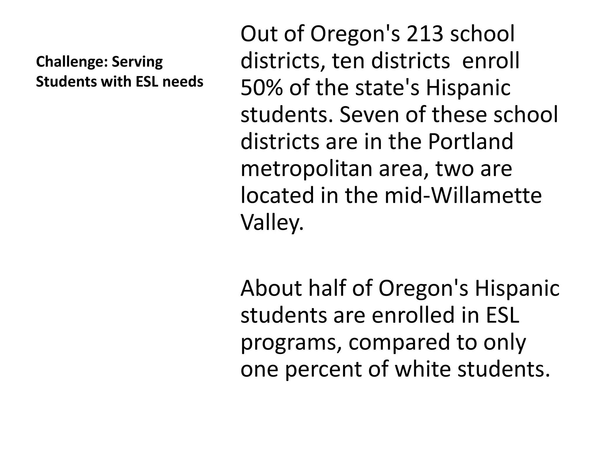 Out of Oregon's 213 school
Challenge: Serving        districts, ten districts enroll
Students with ESL needs
                          50% of the state's Hispanic
                          students. Seven of these school
                          districts are in the Portland
                          metropolitan area, two are
                          located in the mid-Willamette
                          Valley.

                          About half of Oregon's Hispanic
                          students are enrolled in ESL
                          programs, compared to only
                          one percent of white students.
 