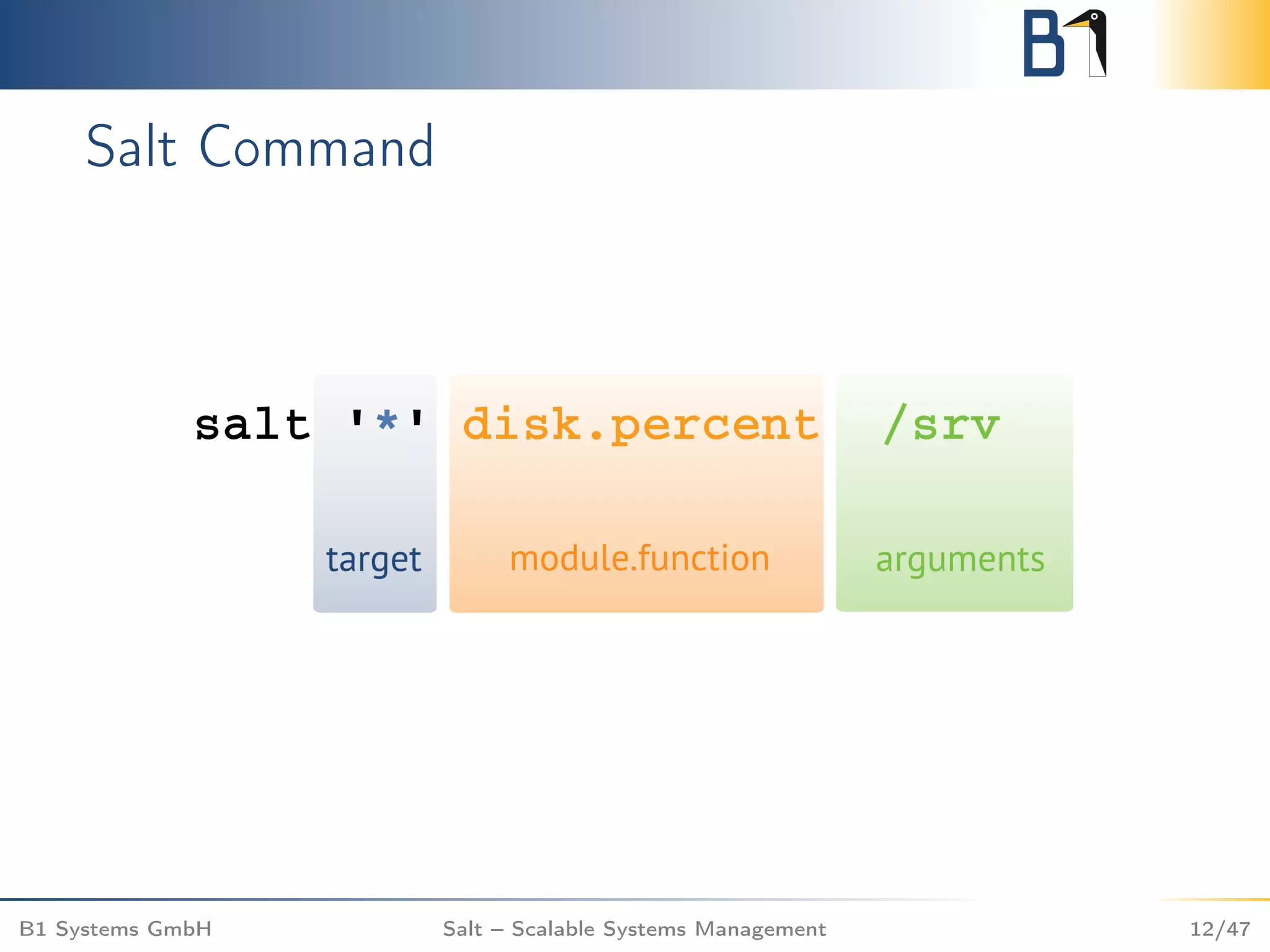 Salt Command
B1 Systems GmbH Salt – Scalable Systems Management 12/47
 