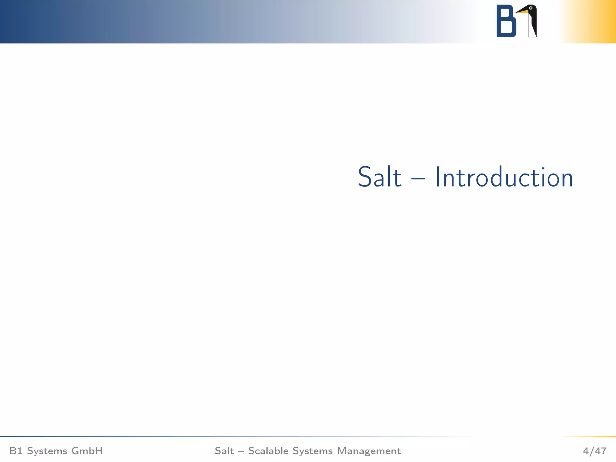 Salt – Introduction
B1 Systems GmbH Salt – Scalable Systems Management 4/47
 