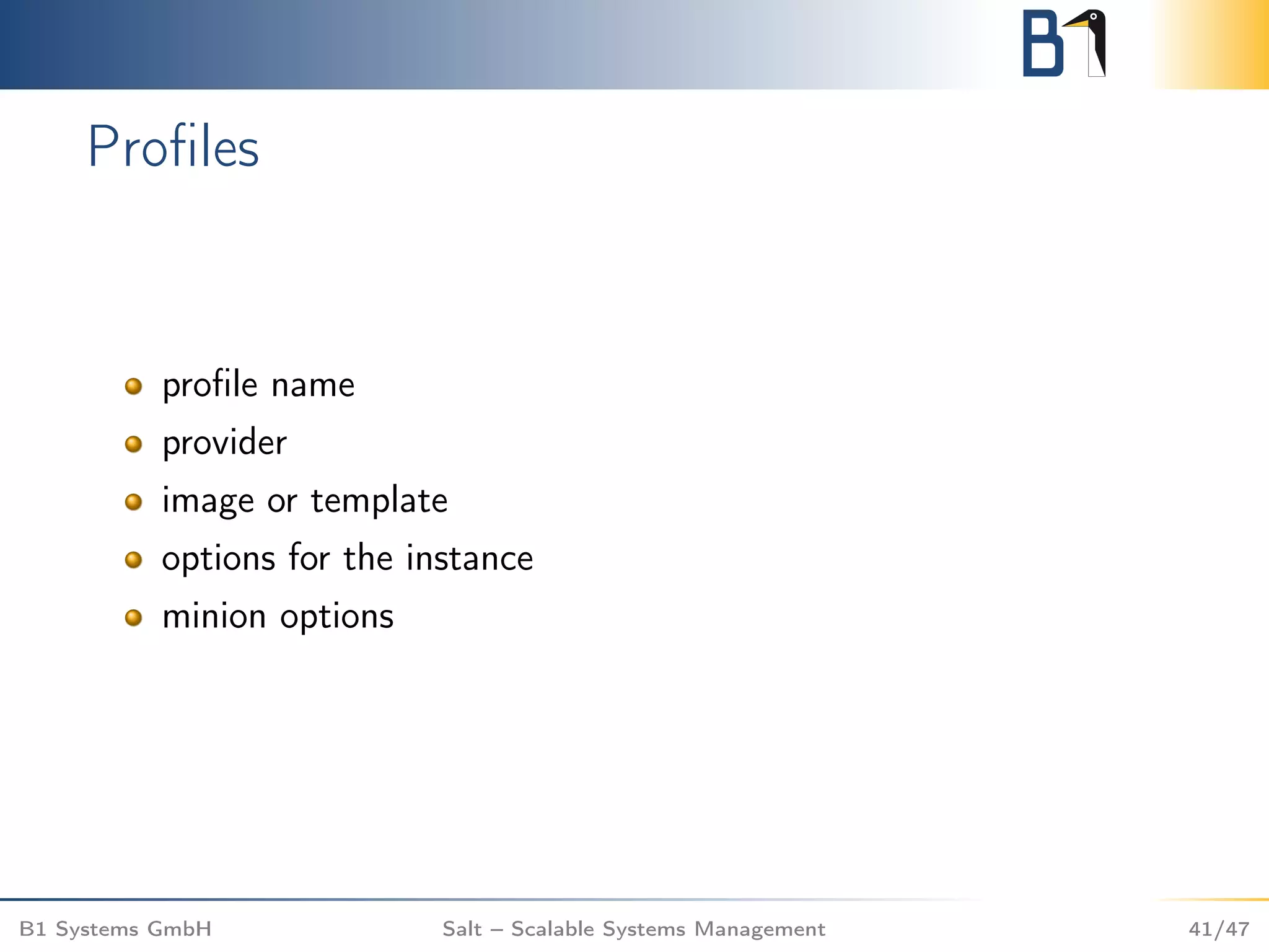 Proﬁles
proﬁle name
provider
image or template
options for the instance
minion options
B1 Systems GmbH Salt – Scalable Systems Management 41/47
 